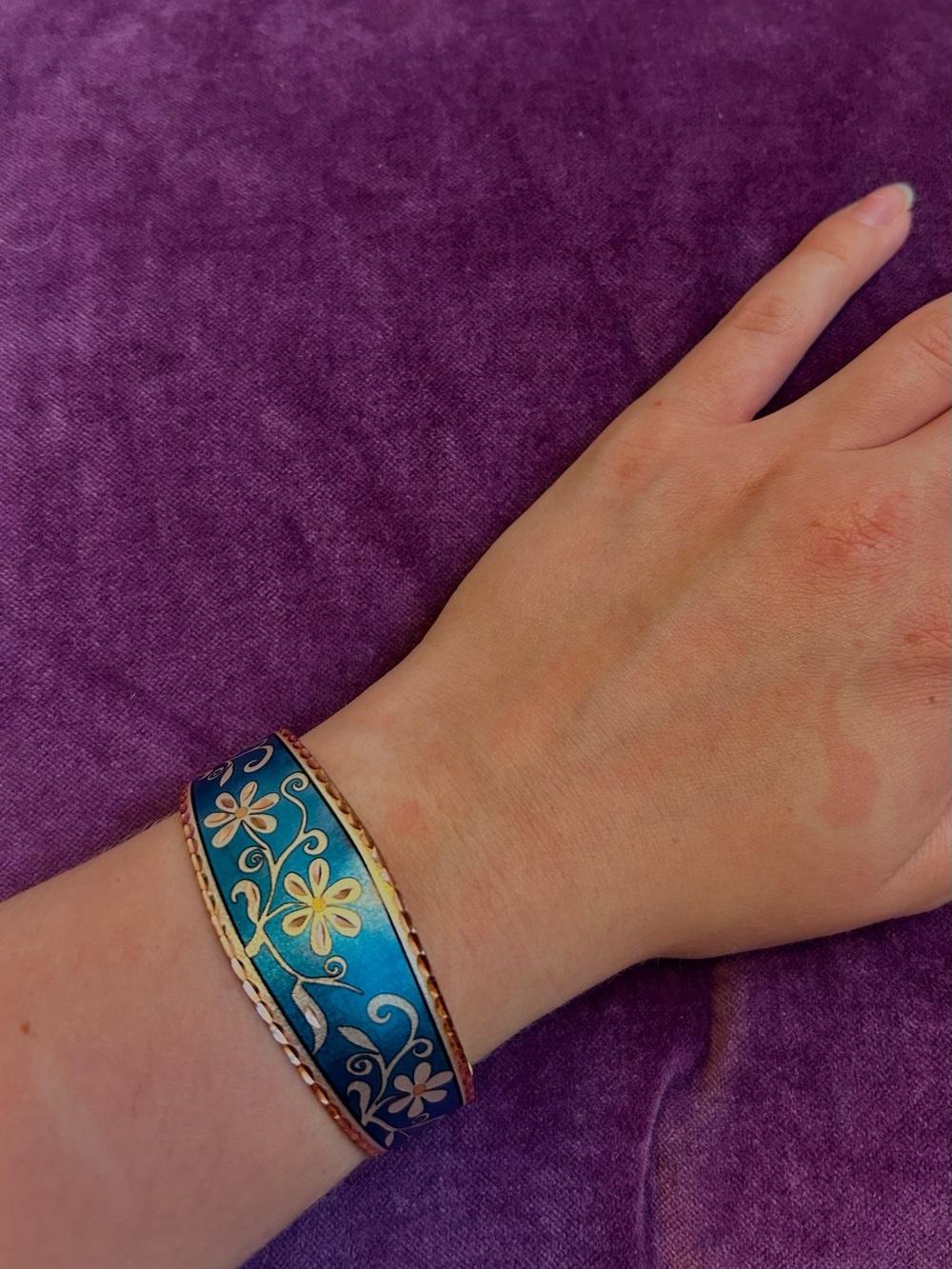 Gorgeous copper and blue floral cuff bracelet